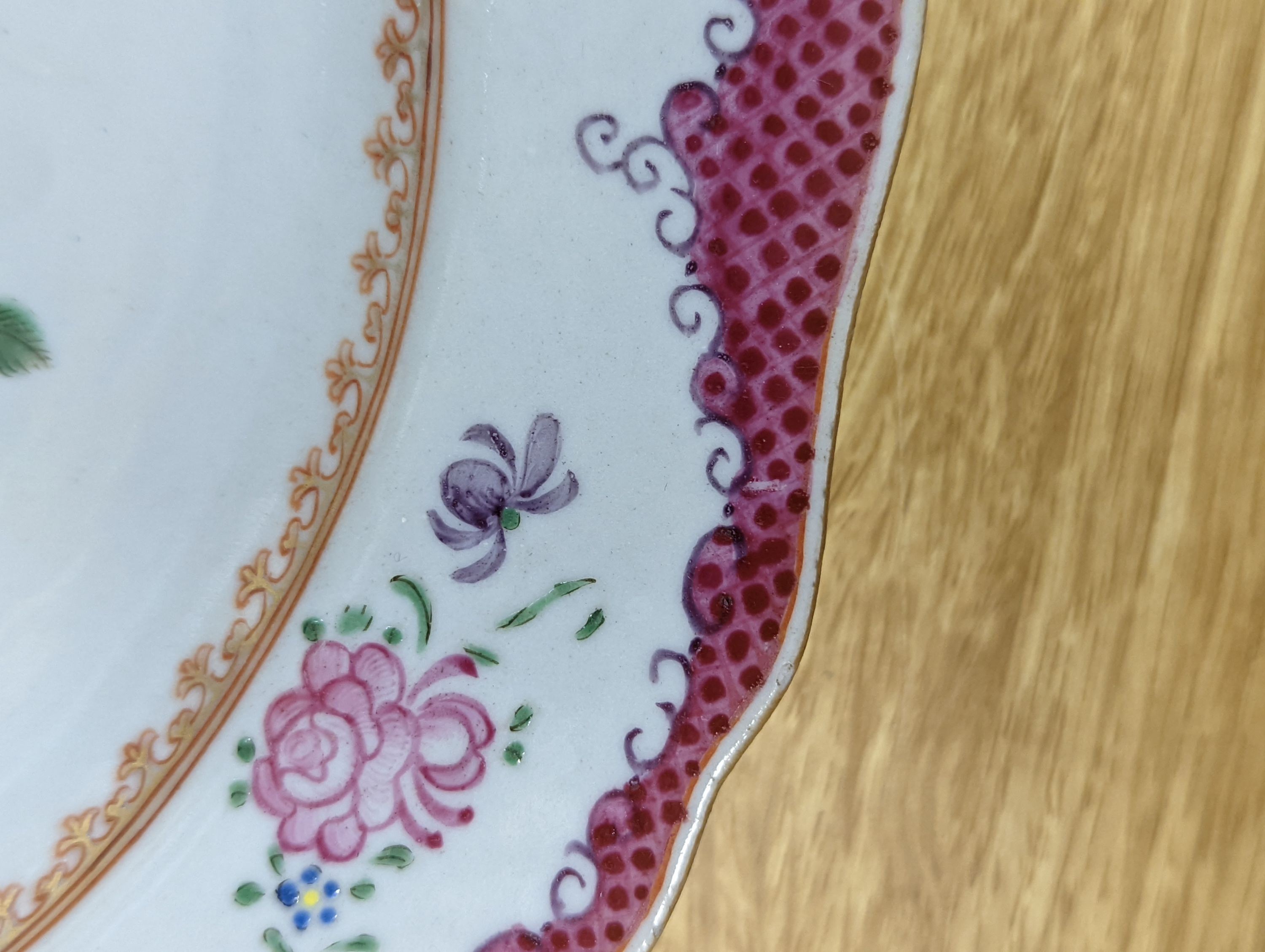 Two pairs of 18th century Chinese famille rose plates and an Imari plate, 26cm